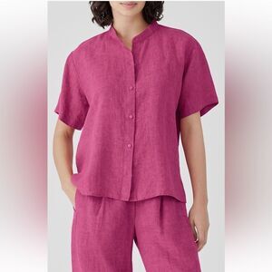 Eileen Fisher NWT Washed Organic Linen Délavé Band Collar Shirt in Geranium 3X